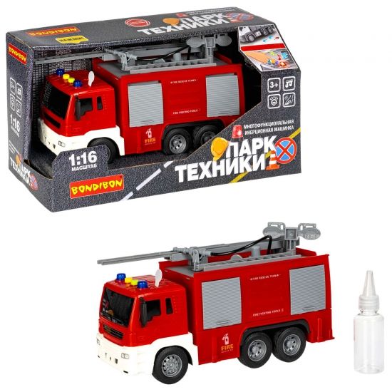 Инерционная машина «ПОЖАРНАЯ СЛУЖБА» водовоз 1:16, со светом и звуком, брызгает водой, Парк Техники Bondibon - BONDIBON
