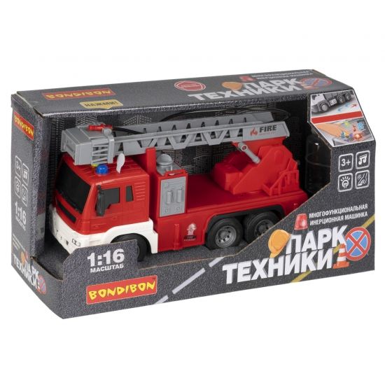 Инерционная машина «ПОЖАРНАЯ СЛУЖБА» автовышка 1:16, со светом и звуком, брызгает водой, Парк Техники Bondibon - BONDIBON