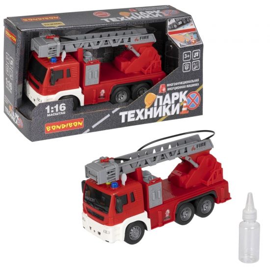 Инерционная машина «ПОЖАРНАЯ СЛУЖБА» автовышка 1:16, со светом и звуком, брызгает водой, Парк Техники Bondibon - BONDIBON