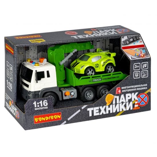 Инерционная машина «ЭВАКУАТОР» 2в1 автокран и машина, 1:16, свет, звук, подъемный механизм, Парк Техники Bondibon - BONDIBON