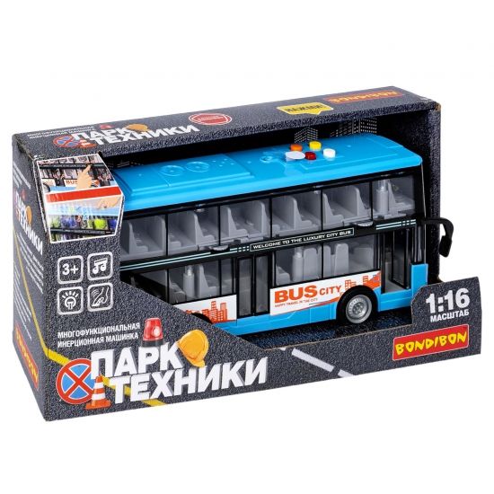 Инерционная машина "АВТОБУС ДВУХЭТАЖНЫЙ" свет, звук, открываются двери, масштаб 1:16, Парк Техники, Bondibon - BONDIBON