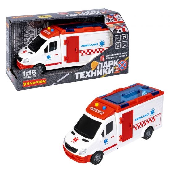 Инерционная машина "СКОРАЯ ПОМОЩЬ" с носилками, свет, звук, открываются двери, люки, масштаб 1:16, Парк Техники, Bondibon - BONDIBON