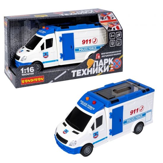 Инерционная машина "ПОЛИЦЕЙСКИЙ ФУРГОН" с носилками, свет, звук, открываются двери, люки, масштаб 1:16, Парк Техники, Bondibon - BONDIBON