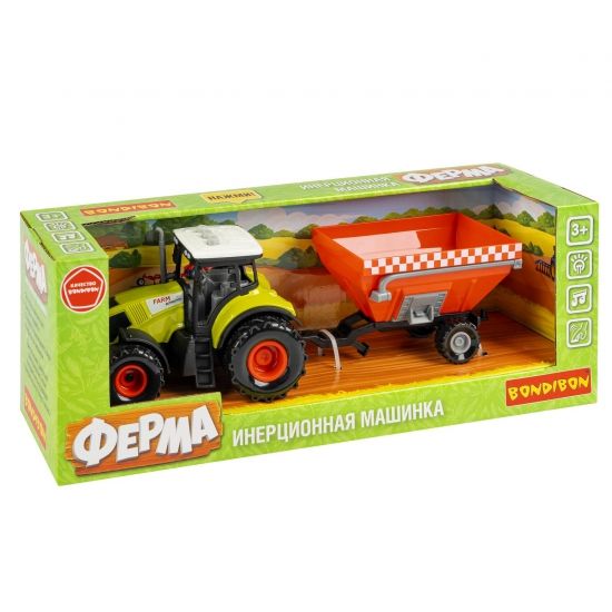 Инерционная сельскохозяйственная машина «ФЕРМА», трактор с полуприцепом красного цвета, со светом и звуком, Bondibon - BONDIBON
