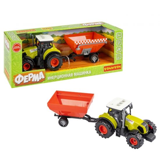Инерционная сельскохозяйственная машина «ФЕРМА», трактор с полуприцепом красного цвета, со светом и звуком, Bondibon - BONDIBON