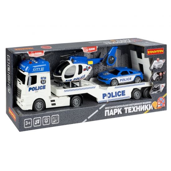 Машина инерционная АВТОВОЗ ПОЛИЦИЯ "ПАРК ТЕХНИКИ", с вертолетом и легковым автомобилем в наборе, свет, звук, Bondibon - BONDIBON