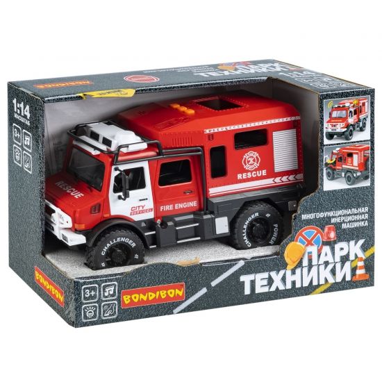 Инерционная машина на батарейках "ФУРГОН ПОЖАРНОЙ СЛУЖБЫ" свет, звук, открываются двери, 1:14, Парк Техники, Bondibon - BONDIBON