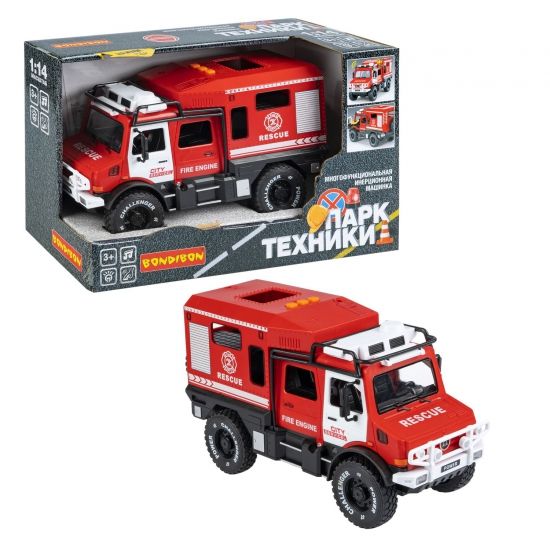Инерционная машина на батарейках "ФУРГОН ПОЖАРНОЙ СЛУЖБЫ" свет, звук, открываются двери, 1:14, Парк Техники, Bondibon - BONDIBON