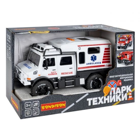 Машина инерционная на батарейках "ФУРГОН ПОЖАРНОЙ СЛУЖБЫ" свет, звук, открываются двери, 1:14, Парк Техники, Bondibon - BONDIBON