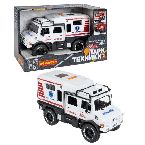 Машина инерционная на батарейках "ФУРГОН ПОЖАРНОЙ СЛУЖБЫ" свет, звук, открываются двери, 1:14, Парк Техники, Bondibon - BONDIBON