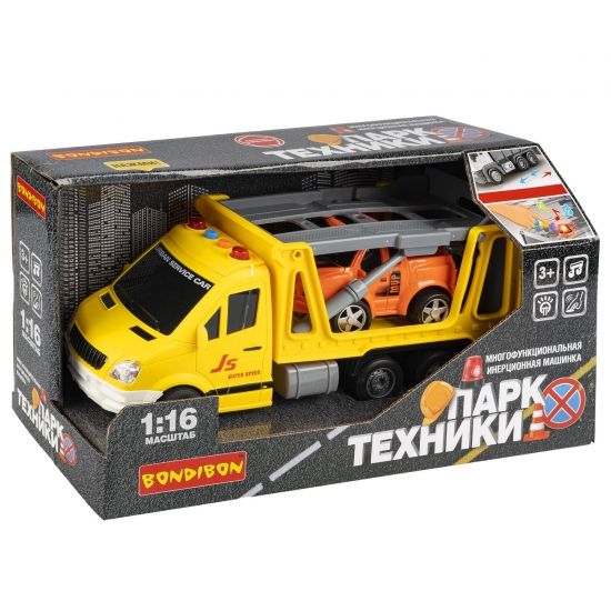 Инерционная машина на батарейках "ЭВАКУАТОР 2в1" свет, звук, подвижные детали, 1:16, желтый, Парк Техники, Bondibon - BONDIBON