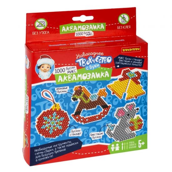 Набор для творчества АКВАМОЗАИКА "НОВОГОДНЯЯ 1" 1000 блестящих и неоновых бусин, подвески Творчество с Буки Bondibon - BONDIBON