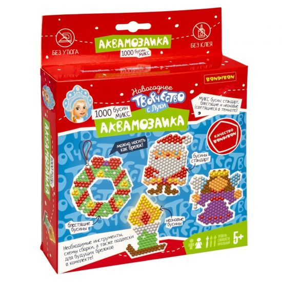 АКВАМОЗАИКА "АНГЕЛ, САНТА, ВЕНОК, СВЕЧА" набор блестящих и неоновых бусин, брелоки Новогоднее творчество с Луки Bondibon - BONDIBON