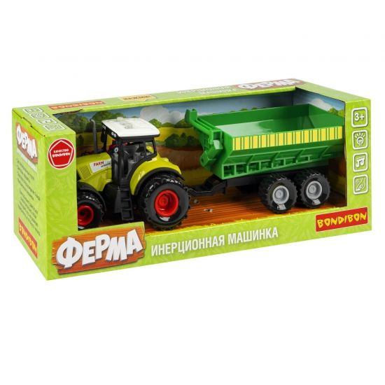 Инерционная сельскохозяйственная машина «ФЕРМА», трактор с прицепом зеленого цвета, со светом и звуком, Bondibon - BONDIBON