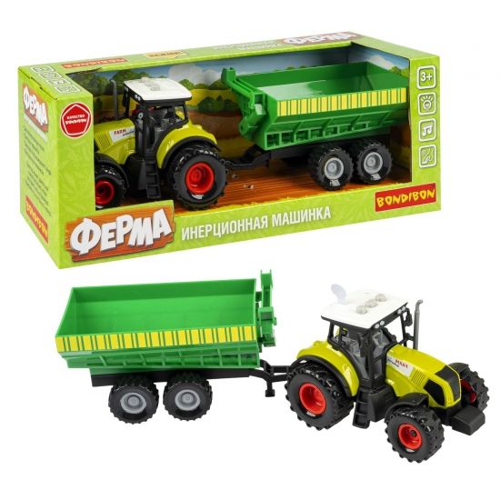 Инерционная сельскохозяйственная машина «ФЕРМА», трактор с прицепом зеленого цвета, со светом и звуком, Bondibon - BONDIBON