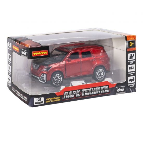 Инерционный металлический ВНЕДОРОЖНИК "ПАРК ТЕХНИКИ", открываются двери, капот, багажник, бордовый, 1:36, Bondibon - BONDIBON