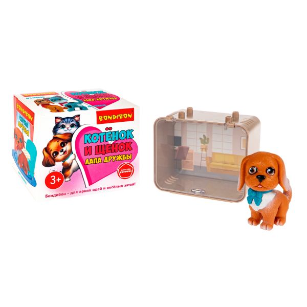 Игровой набор ЛАПА ДРУЖБЫ Щенок коричневый с голубым бантом в боксе - BONDIBON