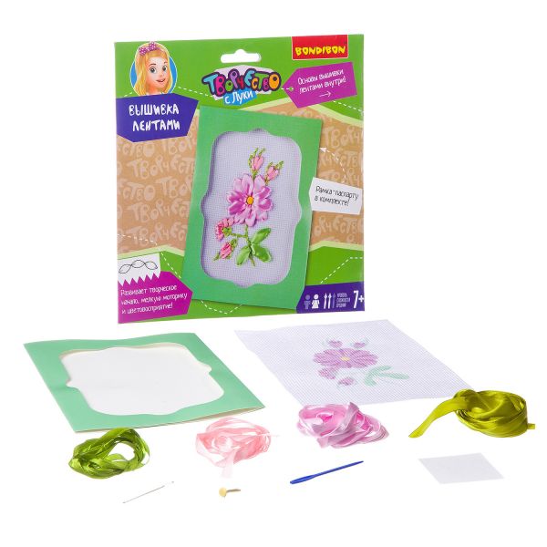 Набор для творчества Bondibon "Вышивка лентами. Розовые цветы" - BONDIBON