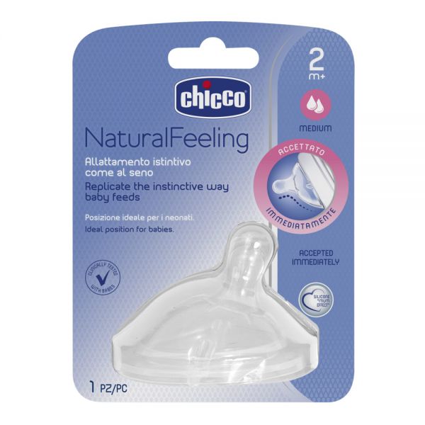 Chicco соска для бутылочки 2 месяца+ средний поток силиконовая Natural Feeling - Chicco
