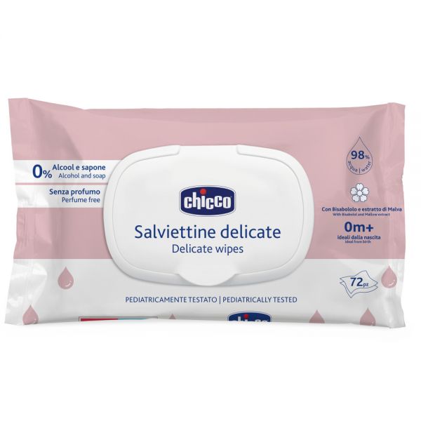 Chicco салфетки 0+ влажные очищающие 72 шт с клапаном, без отдушки с экстрактом мальвы - Chicco